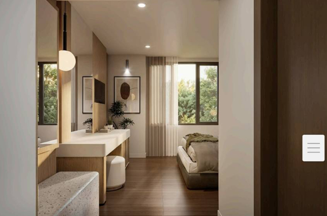 Guest room interior with warm earthy tones